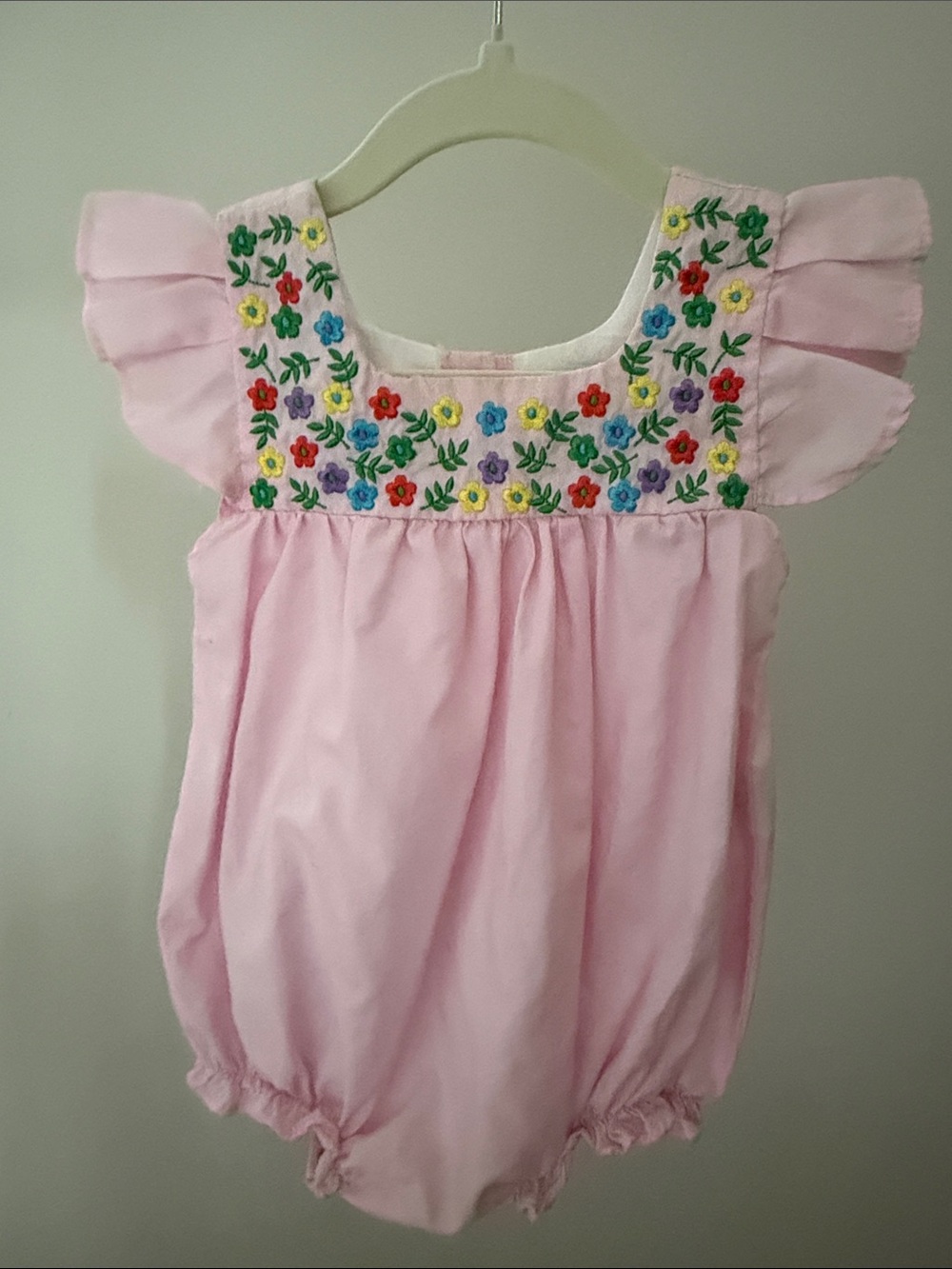 Pink Embroidered Flutter-Sleeve Baby One-Piece Bodysuit